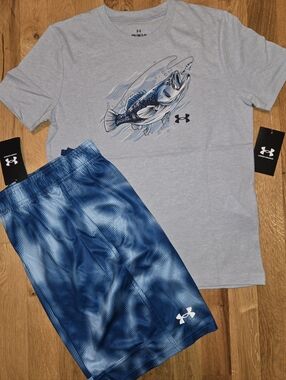 NEW Boys Under Armour Bass Fish Shirt Printed Short Set Gray Blue Youth Small
